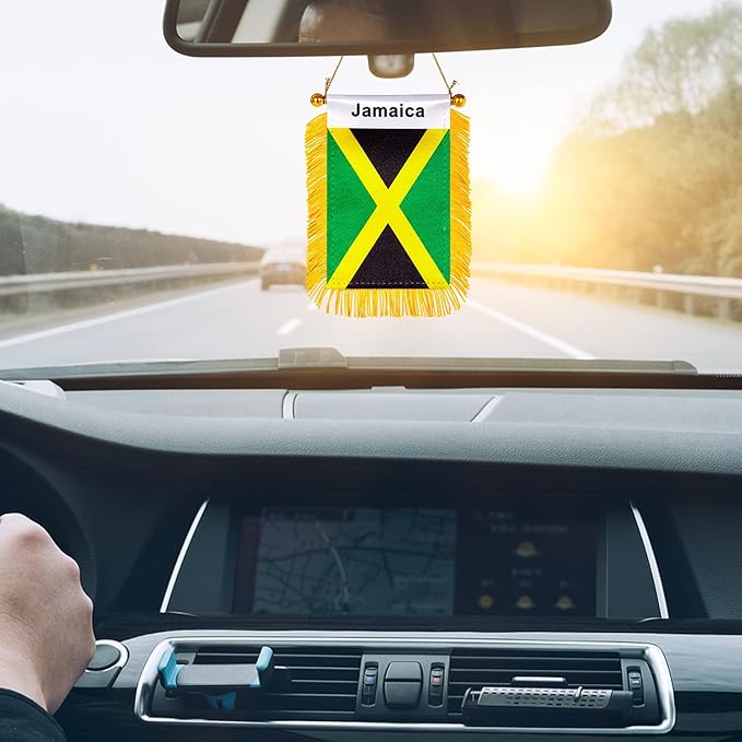 ZXvZYT 3 X 5 Inch Jamaica Window Hanging Flag Jamaican Small Mini Car Flags Banners Rearview Mirror Decoration - with Suction Cup & Golden Fringy Banner(2 Pack)