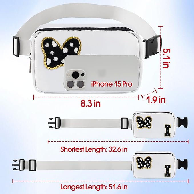 Chenille Initial Letter Bow Mouse Fanny Pack, Waterproof Park Crossbody Bag Christmas Birthday Gifts for Teen Girls Daughter Women Kids Adults, Cute Belt Bag Must Haves for Park Travel (I, White)