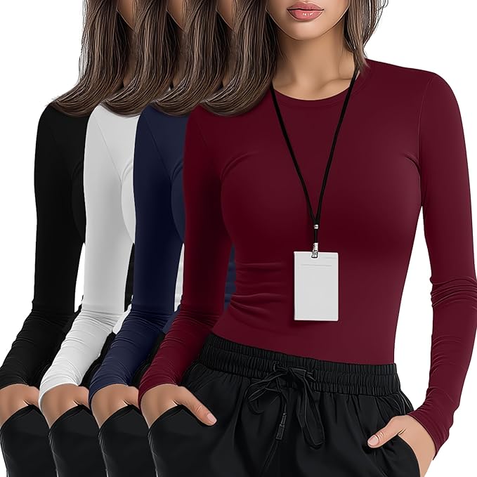 4 Pack Women's Underscrub Shirts Nurse Undershirts Long Sleeve Crewneck Slim Fit Tops Soft Stretchy Basic Tee