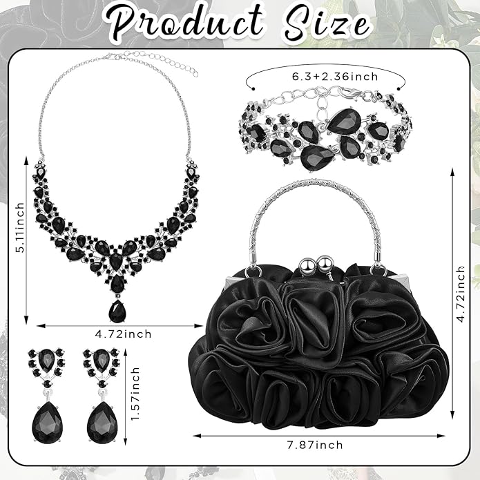 4 Pcs Flower Clutch Rhinestone Jewelry Set Rose Clutch Handbags with Detachable Strap Detachable Necklace Earrings Bracelets for Wedding Party Prom Valentine Gift