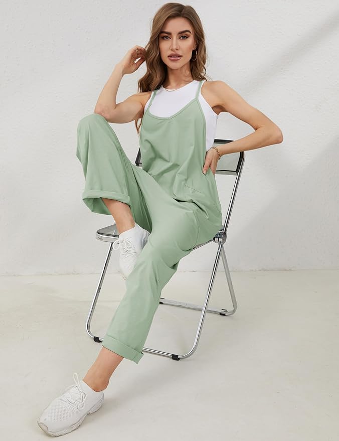 Lentta Women's Causal Jumpsuits V Neck Sleeveless Harem Overalls Stretchy Adjustable Strap Romper with Pockets