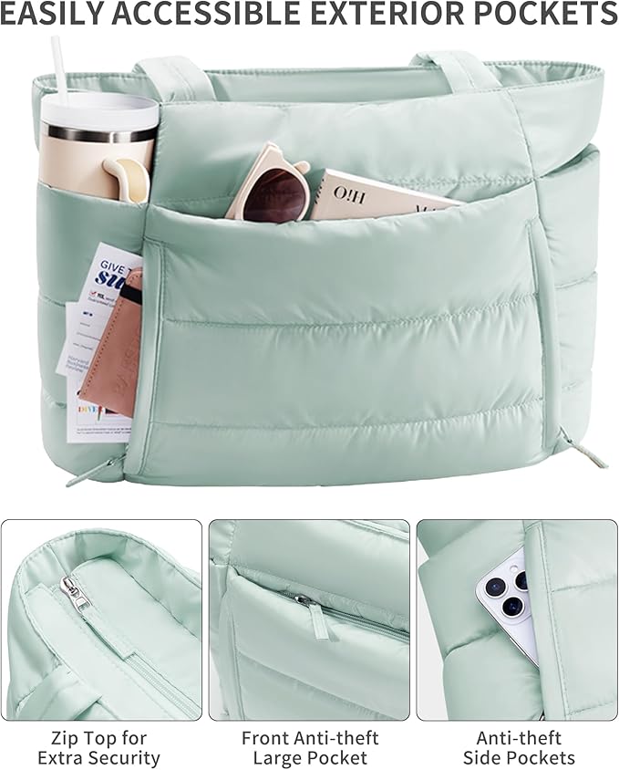 Puffer Tote Bag for Women, Lightweight Puffy Work Handbag Teacher Nurse Quilted Shoulder Bag for School Travel Gym | Quilted, with Zipper, Daily Carry On Bags, Comfy College Bags, 15.6" Laptop Sleeve, Cup Holder Pocket, Portable, Spacious