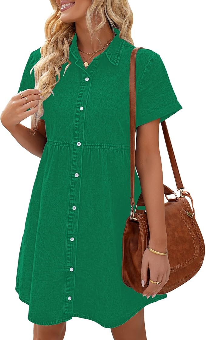 LookbookStore Women's Short Sleeve Button Down Flowy Tiered Babydoll Denim Dress