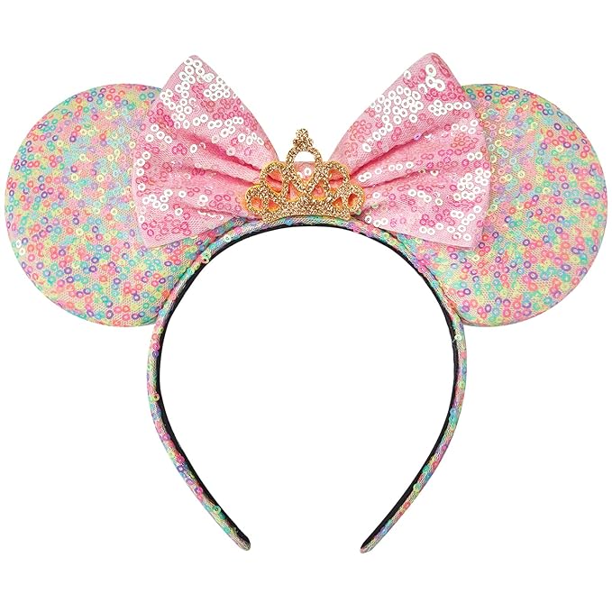RAZKO Sequin Mouse Ears Headband, Rainbow Iridescent Mice ears Hairband for Women Girls Princess Hair Accessories (Rainbow Crown L)