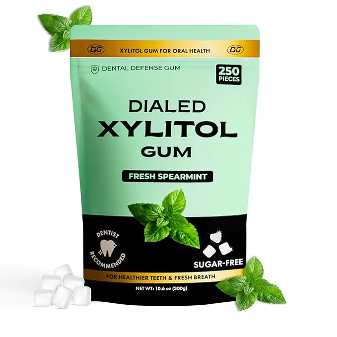 Dialed Xylitol Gum (250 Pieces) | 100% Xylitol | Healthy Dental Gum to Protect Teeth | Aspartame Free | Sugar Free, Gluten-Free, Vegan | Natural Spearmint Flavor