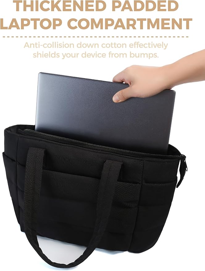 Puffer Tote Bag for Women, Lightweight Laptop Bag with Zipper Quilted Shoulder Bag for Work, Travel, Gym