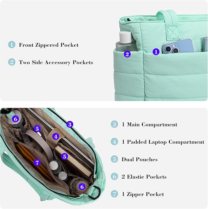 AOCINA Puffer Tote Bag for Women Quilted Work Bag Nurse Bags Women's Shoulder Handbags for Travel Gym Gifts Laptop Purse