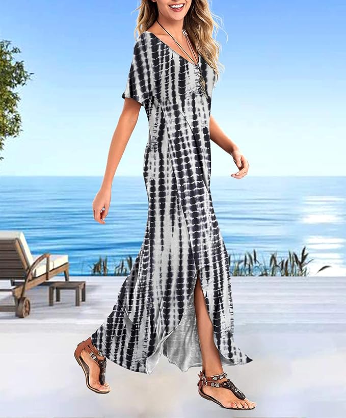 Arolina Women's Summer Maxi Dress Short Sleeve V Neck Casual Loose Long Beach Split Dresses with Pockets