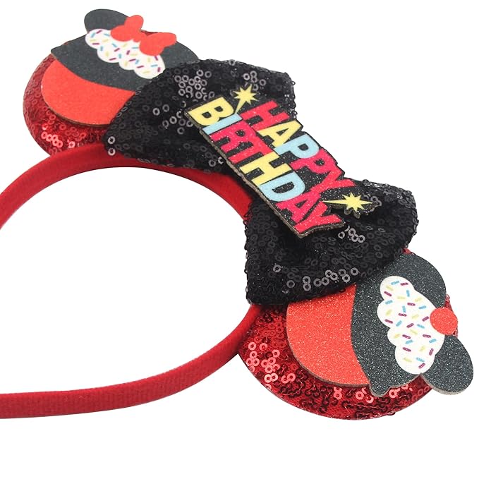 bianbaistar Red Black Sequin Birthday Ear Headband - Cupcake Detail Hair Accessory for Birthday Bash, Theme Park & Celebration Events