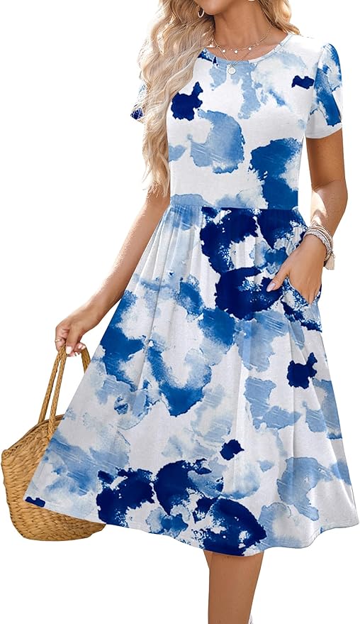 HOTOUCH Women's Summer A-Line Midi Dresses 2026 Casual Floral Short Sleeve T-Shirt Dress Flowy Beach Sundress with Pockets