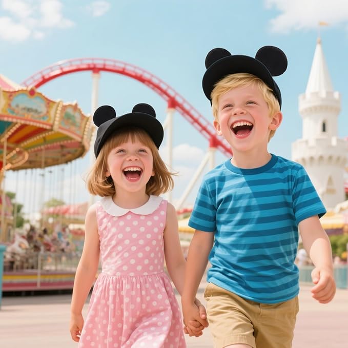 4Pcs Magnetic Mouse Ears for Hats – 3.5" Black Plush Magnetic Ears for Baseball Caps, Trucker Hats, Hoodies – Detachable Hat Accessories for Theme Parks, Halloween, Christmas, Birthday Parties