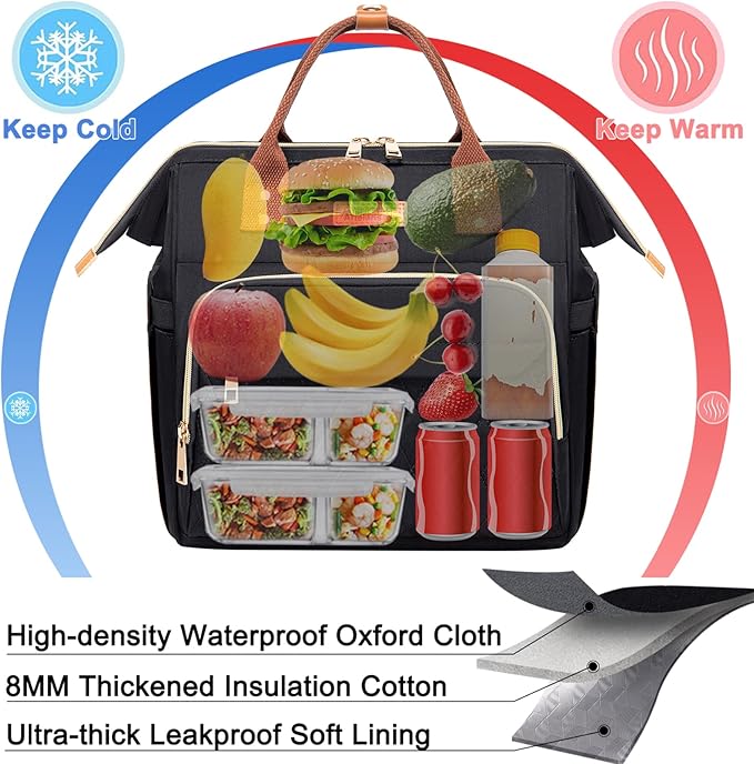 AIJIEKE Lunch Bag for Women, Leakproof & Insulated Work Lunch Box Tote, Reusable Adult Cooler Bag with Water Bottle Side Pocket & Removable Shoulder Strap, Black