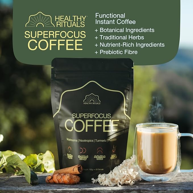 Healthy Rituals Mushroom Coffee SuperBlend Powder with Lion’s Mane, MCT Oil, L-Theanine, Turmeric, Prebiotic Fiber & L-Carnitine, Naturally Sweet, Rich & Smooth Premium Arabica Instant Coffee - 150 g