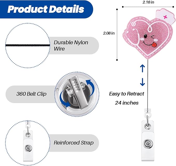Pink Badge Reel, Cute Pediatric Retractable ID Card Badge Holder, Name Tag Work Badge Clip for NICU ICU RN LPN CNA MA ER OB/GYN Night Shift Nurse Nursing Student, Nurse Gifts, Office Stocking Stuffer