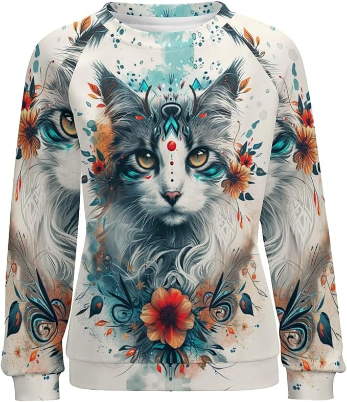Spatofa Womens novelty funny cat printed crewneck sweatshirt casual loose long sleeve graphic pullover sweatshirts tops