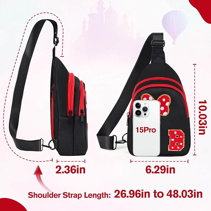 7 8 9 10 11 12 13 14 Year Old Girl Birthday Gifts, Black Initial Bow Mouse Park Small Sling Bag for Girls Daughter Women, Teen Girl Gifts Trendy Stuff Crossbody Fanny Pack Must Haves for Park Travel B