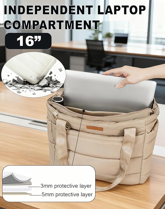 Quilted Puffer Tote Bag for Women, Waterproof Lightweight Work Bag for Nurse/Commuter with 16" Laptop Pocket | Puffer Tote Bag