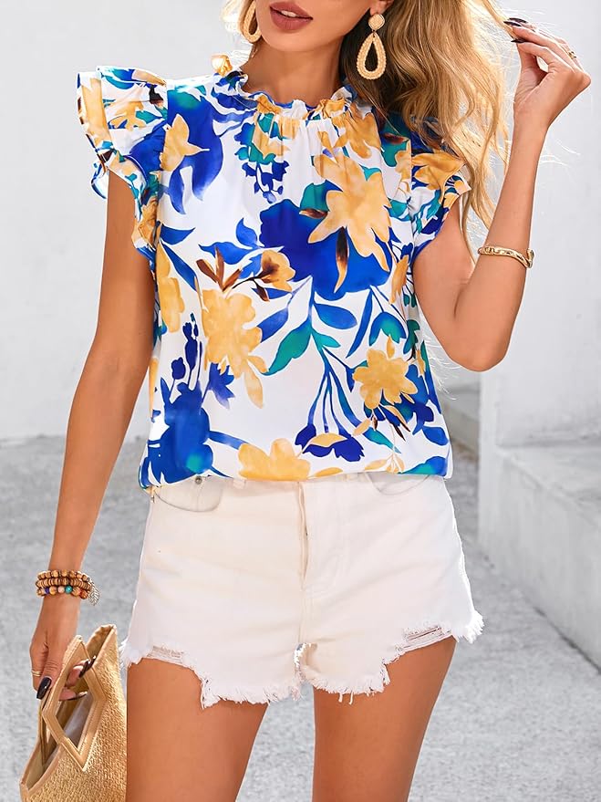 PRETTYGARDEN Women's Ruffle Short Sleeve Summer Tops 2026 Trendy Floral Trim Neck Casual Dressy Chiffon Boho Blouses Shirts