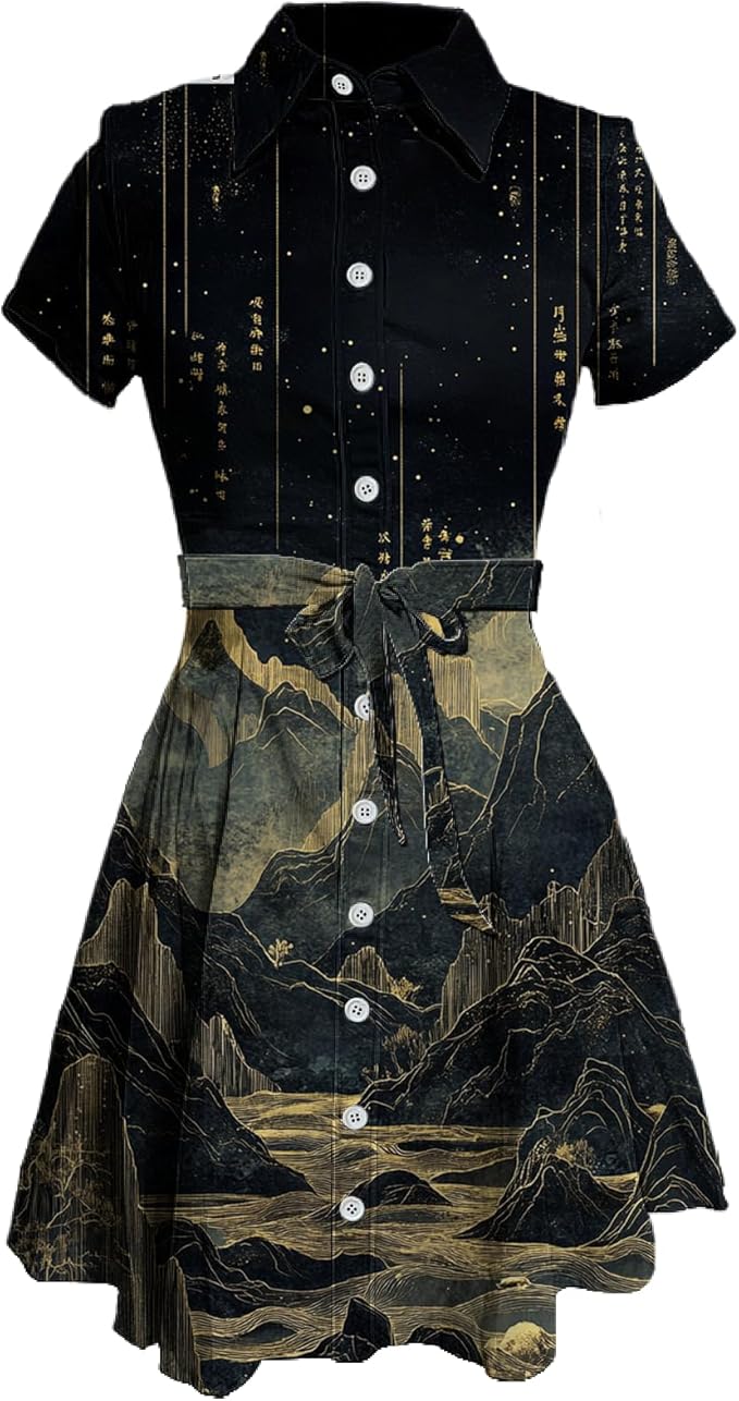 MARSVOVO Japanese Art Shirt Dresses for Women Short Sleeve Ruffle Button Down Tie Waist Trendy Elegant Midi Dress