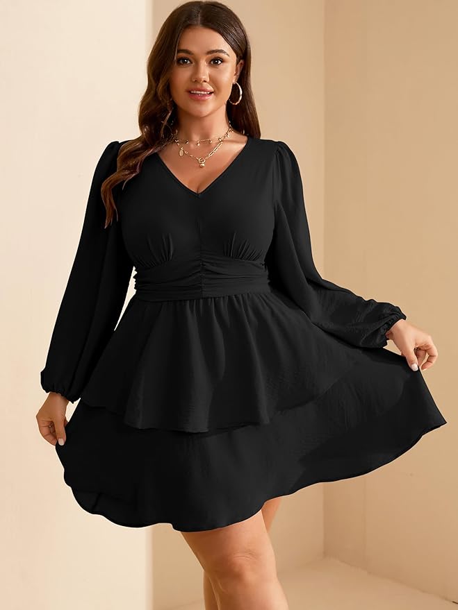 RWJ Plus Size Dresses for Curvy Women V Neck Long Sleeve Elastic Waist Fall Wedding Guest Layer Casual Mini Dress