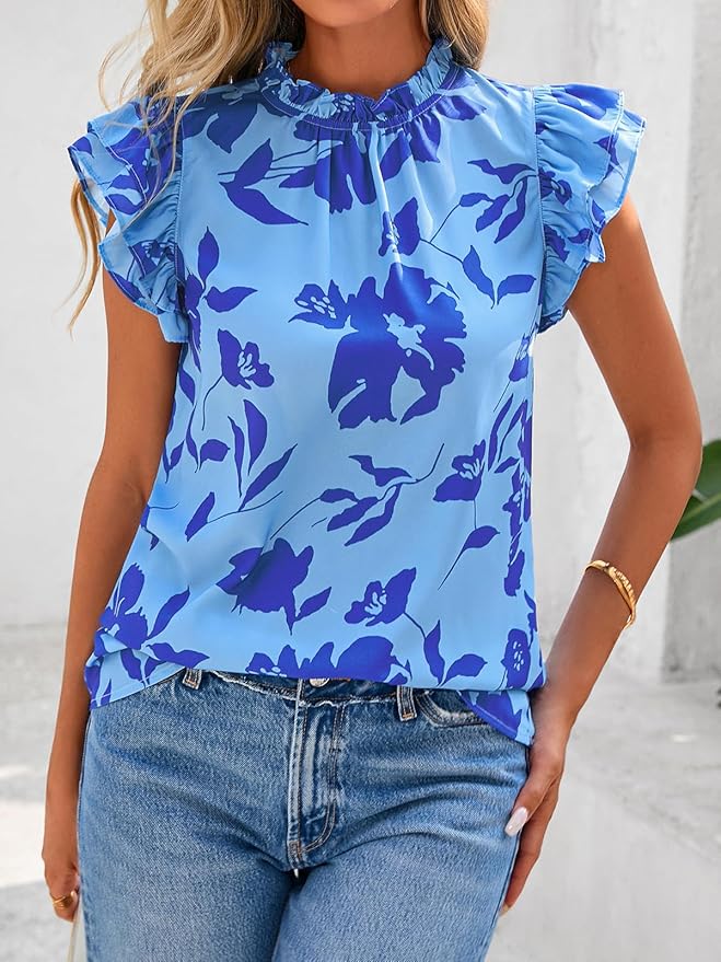 PRETTYGARDEN Women's Ruffle Short Sleeve Summer Tops 2026 Trendy Floral Trim Neck Casual Dressy Chiffon Boho Blouses Shirts