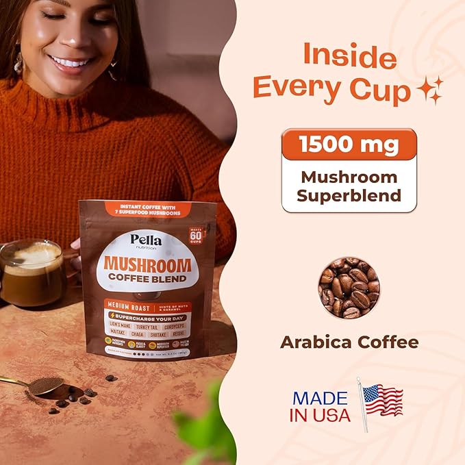 Pella Nutrition Mushroom Coffee – Lions Mane, Reishi, Chaga, Cordyceps, Shiitake, Maitake, and Turkey Tail Mushroom Supplement – Superfood Instant Coffee for Focus & Energy (Regular Caffeine, 60 Cups)