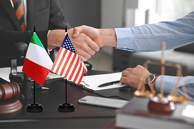 USA American & Italy Italian Desk Flags, US Italy Table Flag, Small Mini Miniature Italian and US Desktop Flag With 13" Solid Black Pole, Black Base
