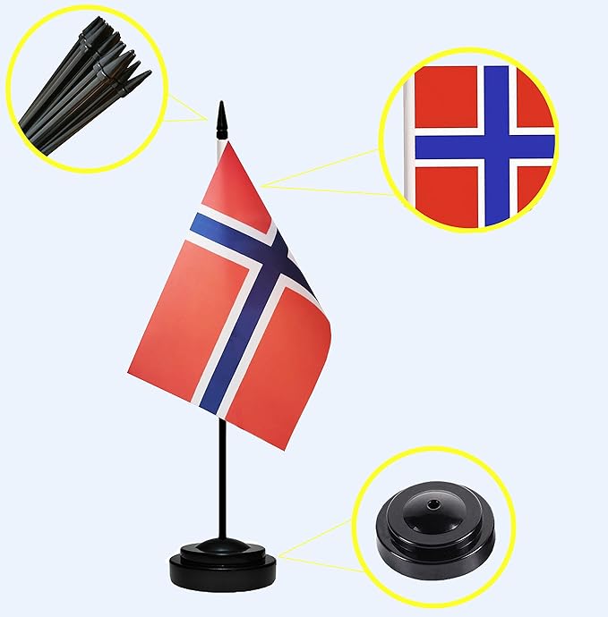 USA American & Norway Norwegian Desk Flags, US Norway Office Table Flag, Small Mini Miniature Norwegian and US Desktop Flag With 13" Solid Black Pole, Black Base