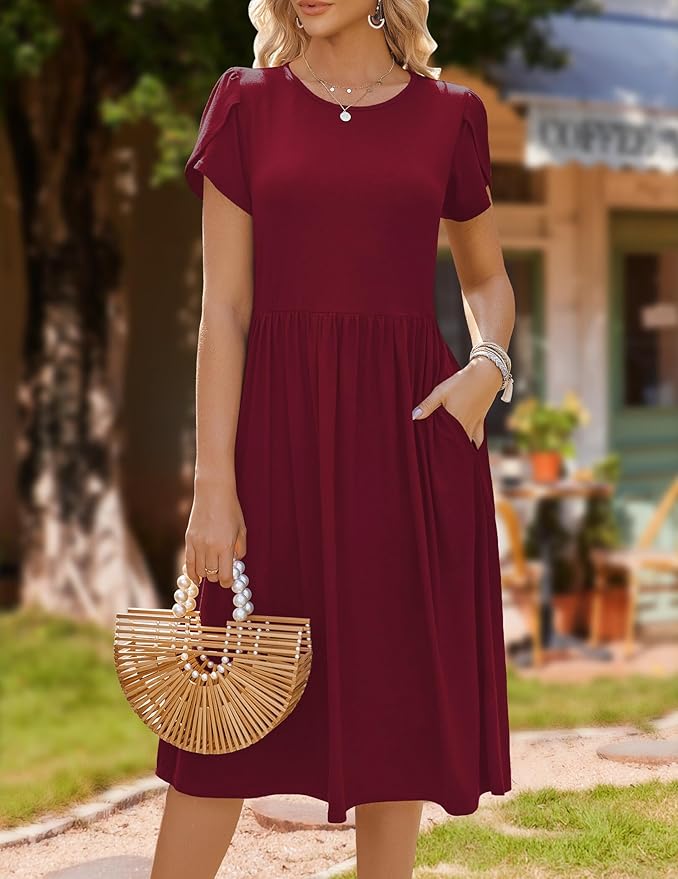 HOTOUCH Women's Summer A-Line Midi Dresses 2026 Casual Floral Short Sleeve T-Shirt Dress Flowy Beach Sundress with Pockets