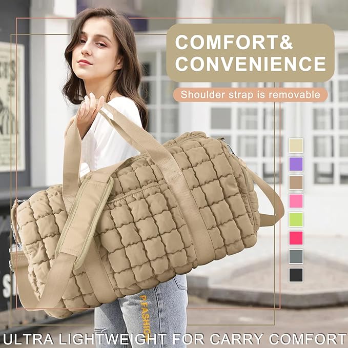 Quilted Travel Duffle Bag Gym Bag for Women,Large Puffer Duffle Weekender Bag with Compartment,Workout Overnight Carry on Organizer Bag Duffle Bag for Airplane Travel(L-Khaki)