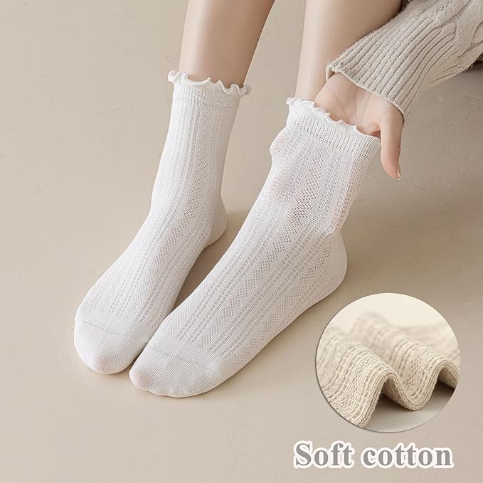 Mcool Mary Womens Crew Socks Ruffle Casual Cotton Frilly Breathable Cute Knit Lettuce Trim Dress Ankle Socks 6 Pack