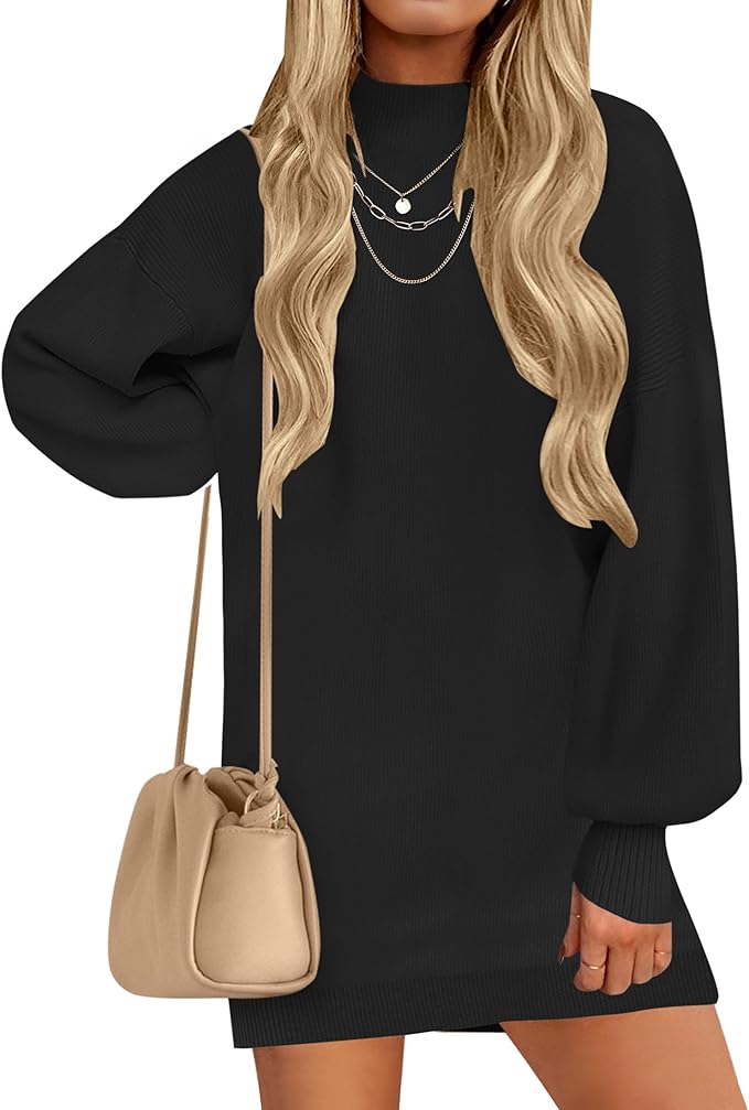 ZESICA Women's 2026 Fall Turtleneck Sweater Dress Oversized Long Lantern Sleeve Casual Knit Pullover Mini Dresses