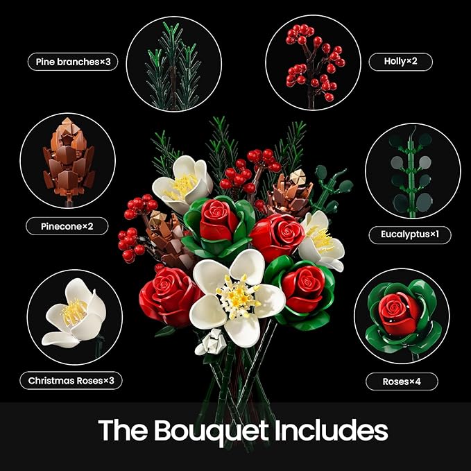 iATOM Valentines Flower Bouquet Building Set, Artificial Roses Botanical Collection for Adults, Gift for Valentine's Day for Her/Mom/Girlfriend/Wife/Couple, Modern Home Office Table Centerpiece Decor