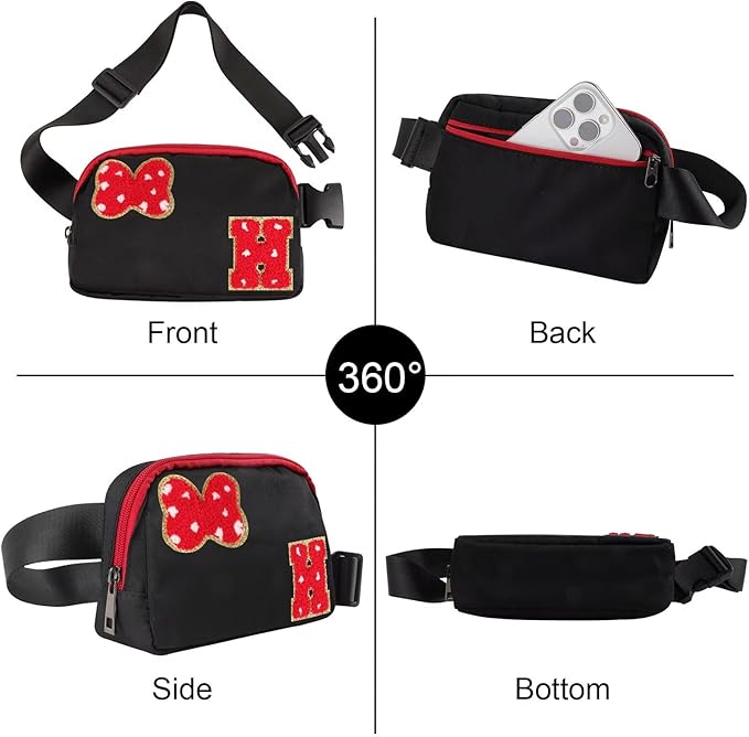 Initial Letter Bow Mouse-Ear Fanny Pack for Teen Girls,Cute Chenille Belt Bag Crossbody Travel Waist Pack for Women&Kids,Personalized Gift for Theme Park,School & Travel, Birthday Christmas(H)