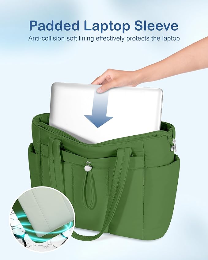 TOPDesign Puffy Tote Bag for Women with Cup Holder & Laptop Compartment & Cosmetic Bag & Trolley Sleeve for Work, Travel