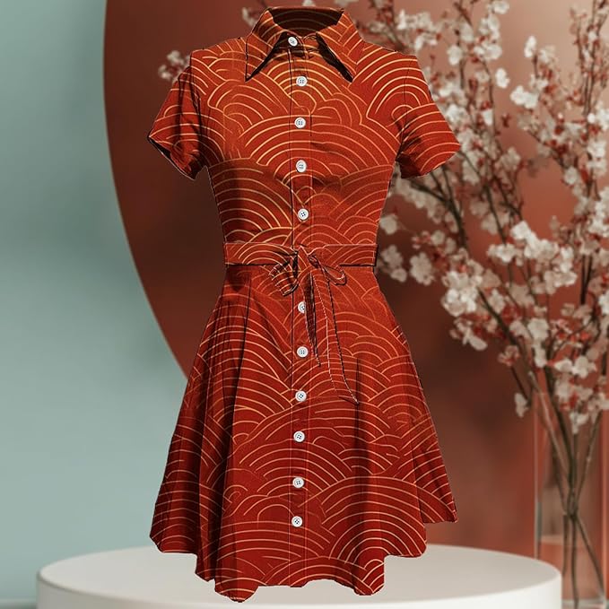 MARSVOVO Japanese Art Shirt Dresses for Women Short Sleeve Ruffle Button Down Tie Waist Trendy Elegant Midi Dress