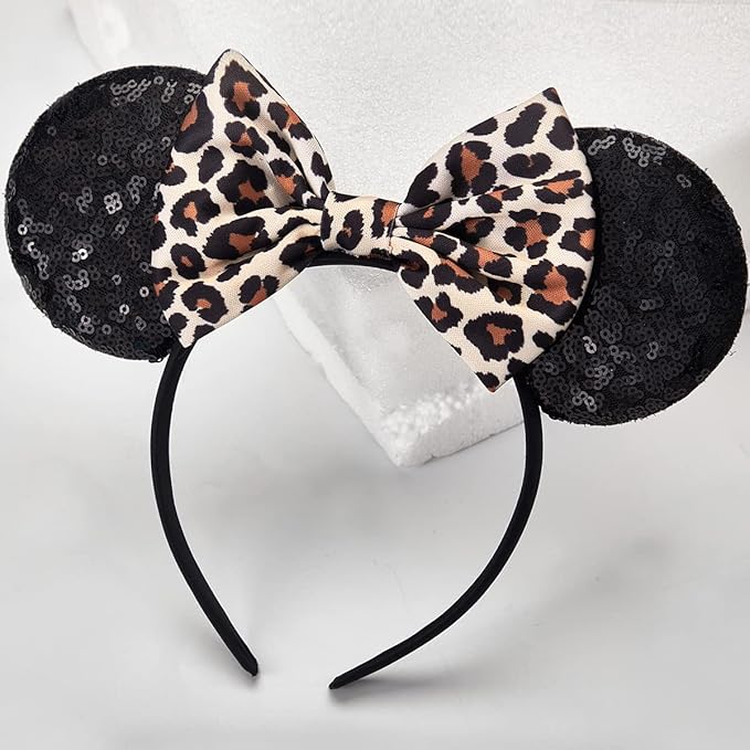 RAZKO Mouse Ears Headband, Sequin Leopard Mice Ears Hairband Animal ears Headband for Women Girls Hair Accessories (Leopard)