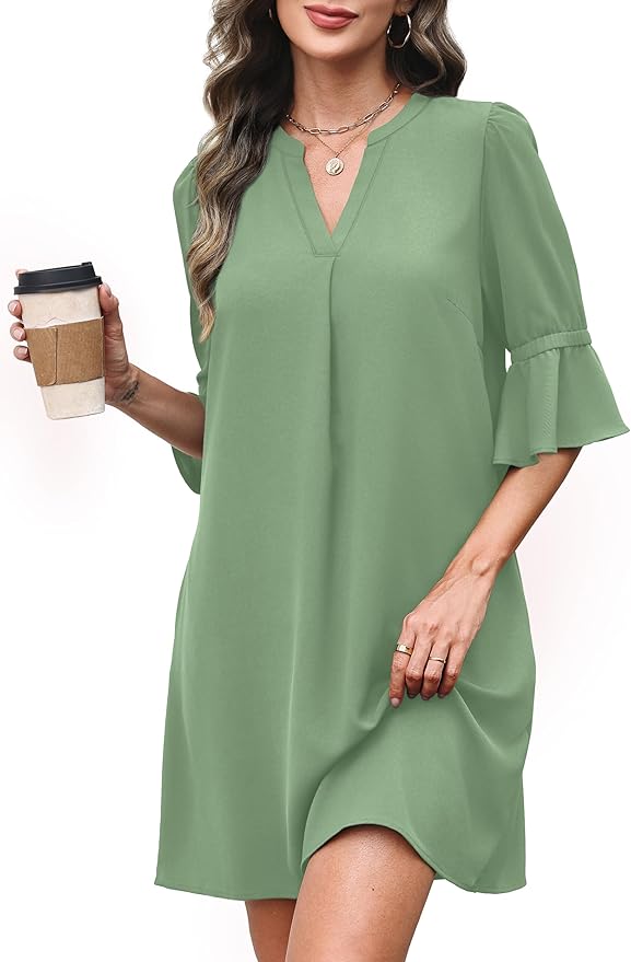 RUMIA Shift Dress for Women V Neck Ruffle Short Sleeve Loose Casual Summer Dress