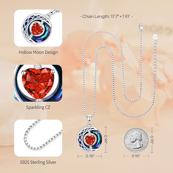 LIANYU Necklace for Womens Blue Sapphire Necklace Moon Pendant S925 Sterling Silver Crystal Jewelry for Women Pendant Birthday Gifts for Wife Gifts Valentine Anniversary