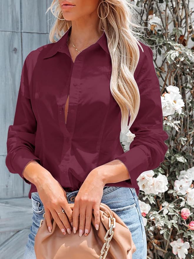 siliteelon Women's Button Down Shirts Long Sleeve Dress Shirts Wrinkle Free Collared Work Office Solid Blouses Corset Tops