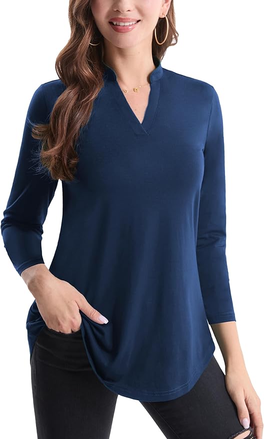 BAISHENGGT 3/4 Sleeve Tops for Women Notch V Neck Floral Work Blouses Dressy Casual Loose Fit Going Out Tunic Tops