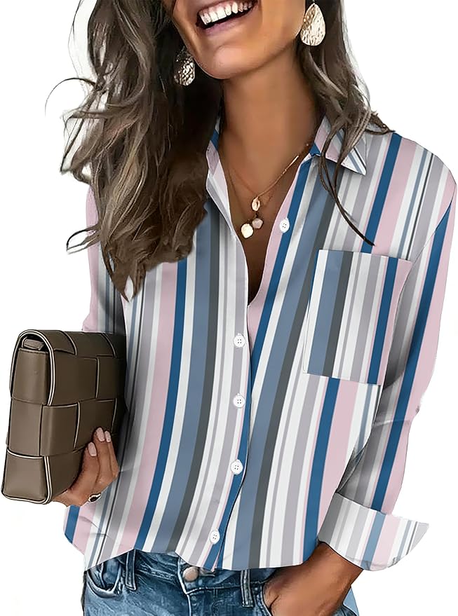 HOTOUCH Button Down Shirts for Women Long Sleeve Blouse Dressy Casual Business Work Tops with Pocket