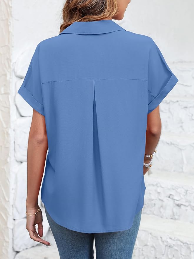 Womens Button Down Shirt Casual Short Sleeve Collared Work Blouse with Pocket
