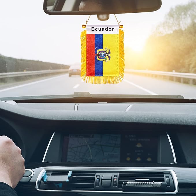 ZXvZYT 3 X 5 Inch Ecuador Window Hanging Flag Ecuadorian Small Mini Car Flags Banners Rearview Mirror Decoration - with Suction Cup & Golden Fringy Banner(2 Pack)