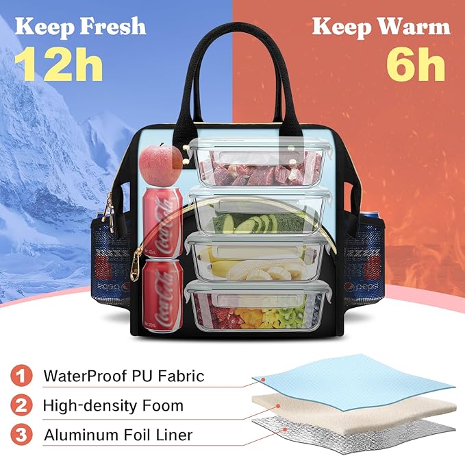 Lunch Bag Women Insulated Lunch Box Wide-Open Lunch Tote Bag Large Drinks Holder Durable Nylon Thermal Snacks Organizer for Men Adults Work Picnic Hiking Beach Fishing, Pink + Black