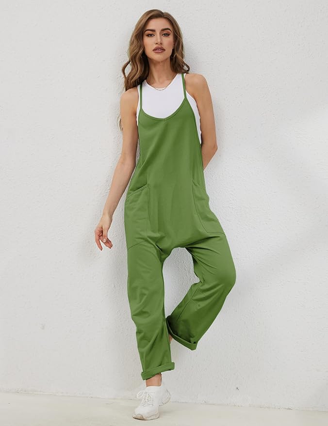Lentta Women's Causal Jumpsuits V Neck Sleeveless Harem Overalls Stretchy Adjustable Strap Romper with Pockets