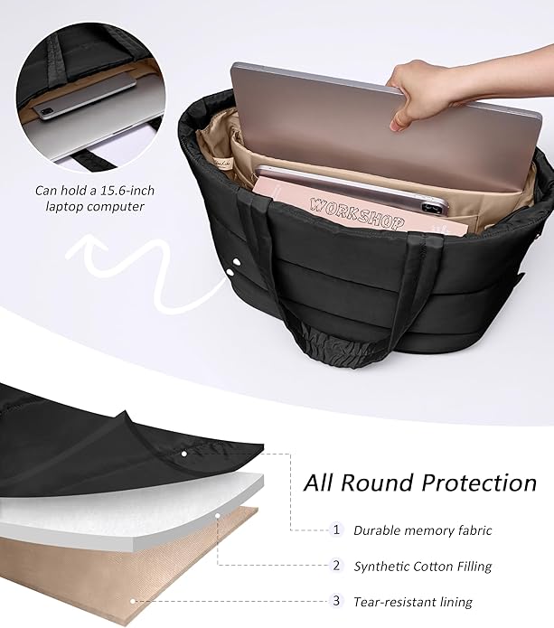 Puffer Tote Bag for Women, Lightweight Puffy Tote with Compartments, Shoulder Bag Crossbody Bags for Women Travel, Work, Gym