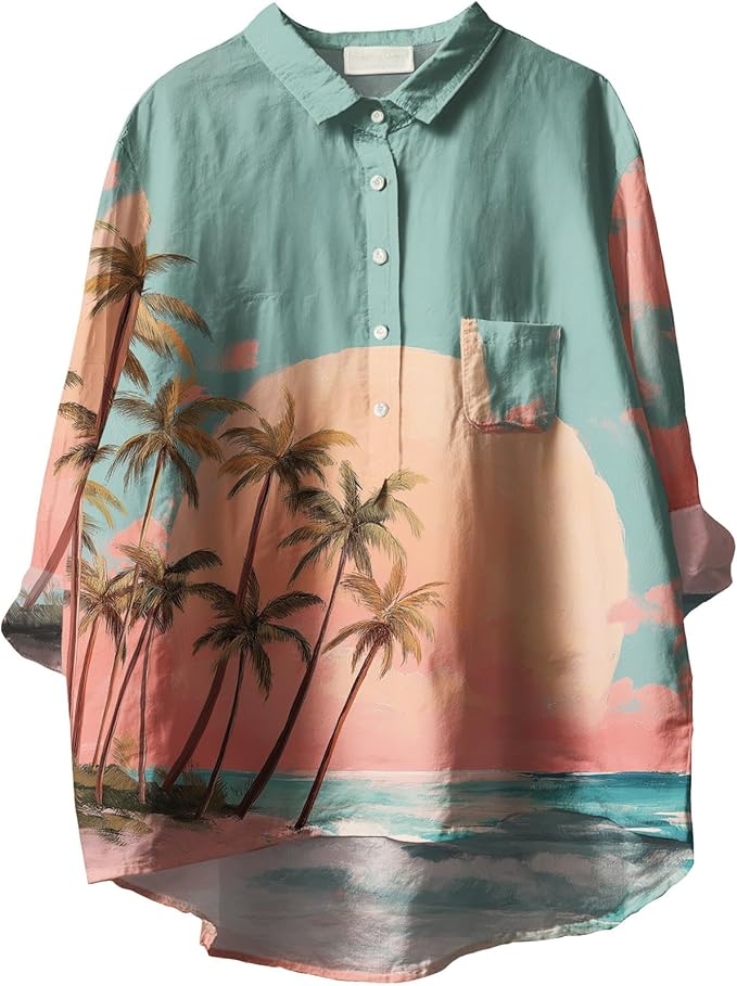 Womens Boho Tops 3/4 Long Sleeve Floral Blouses Hawaii Beach Button Down Shirts V Neck Pullover Casual Tunics