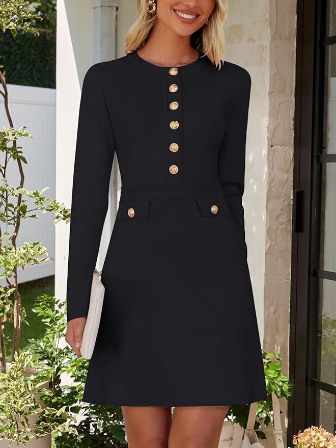 NENONA Women's 2026 Long Sleeve Fall Winter Sweater Dress Spring Fashion Button Elegant Business Casual Work Mini Dresses
