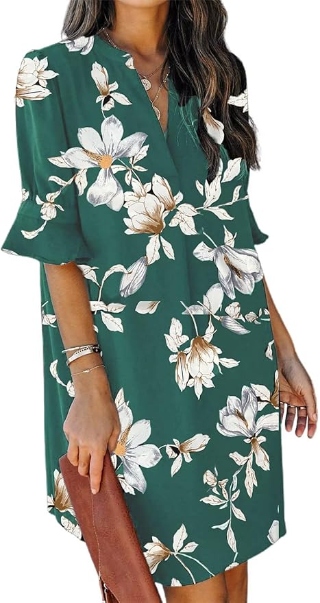 QACOHU Summer Dresses for Women V Neck Ruffle Short Sleeve Casual Shift Dress